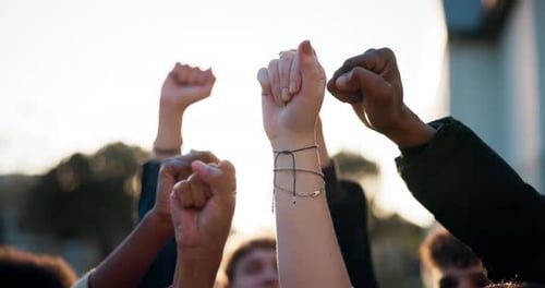 Fist, outdoor and fight for group, freedom or riot of university students for human rights