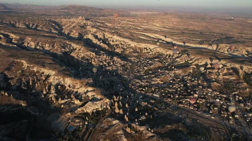 Hot Air Balloons Flying Above Cappadocia, Turkey, Aerial View of Tourist Attraction on Sunny Summer