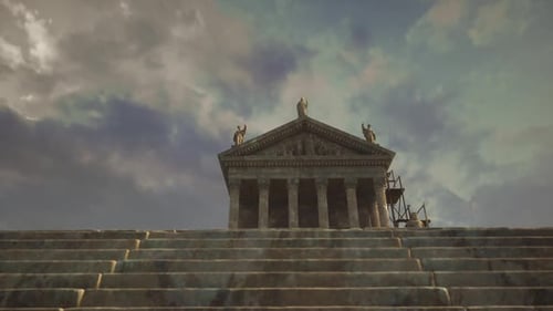 Historic Temple with Majestic Columns Under a Cloudy Sky at Dusk