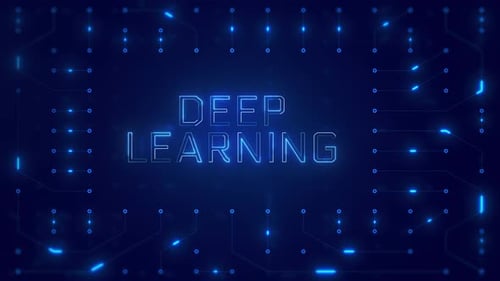 Deep Learning Word Text with neon circuit board design or computer semiconductor design