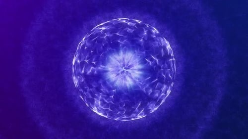 Abstract round purple blue sphere glowing energy magic molecule with atoms from particles