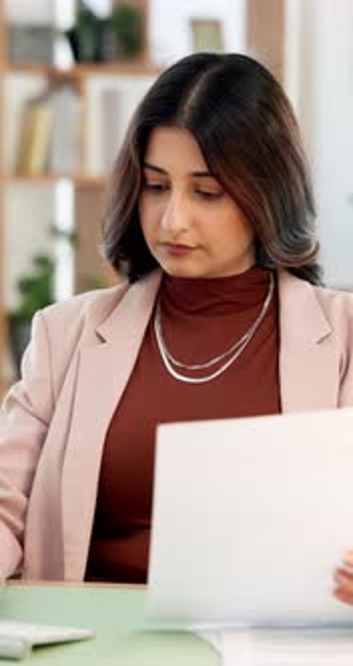 Media agency, documents and woman in office, computer and story ideas with email