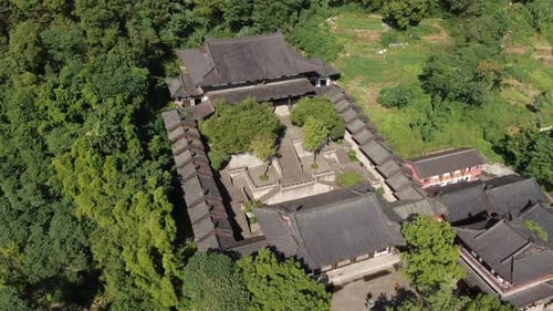Aerial View of the Scenic Beauty of Ke Yan Scenic Area and the Surrounding Ancient Town in Shaoxing