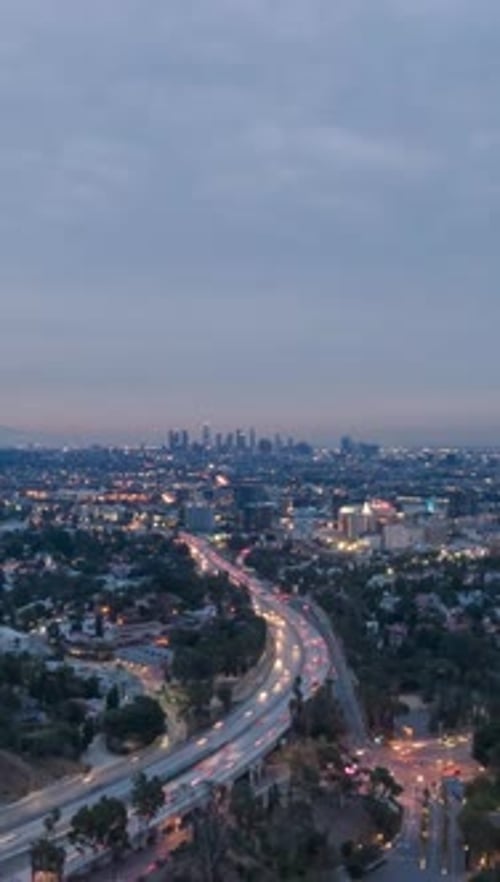 Los Angeles City at Morning Twilight California USA Aerial View Vertical Video