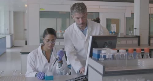 Scientist Looking at Test results on Computer in Pharmaceutical Laboratory