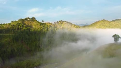 Aerial shot of a foggy mountainous area