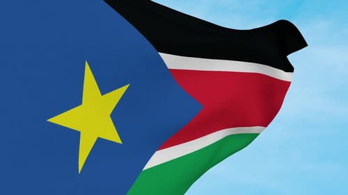Waving Flags of South Sudan and Kenya against Blue Sky
