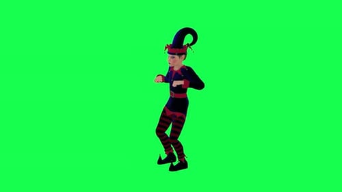 3D animated elf in blue and red dress dancing right angle on green screen