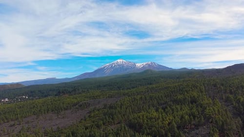 Stunning Aerial View of Snow-Covered El Teide with Lush Forests and Lava Flows