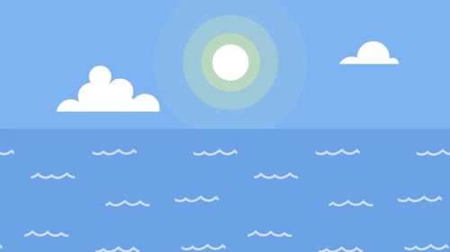 2d Blue Sky, Sun, Clouds And Turbulent Sea Loop Background