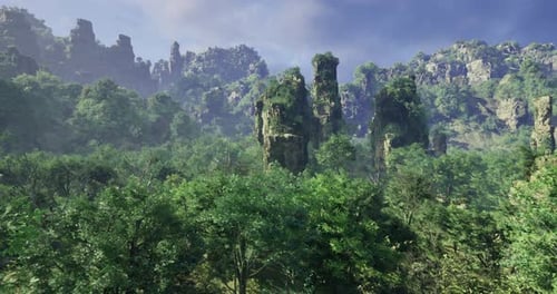 Lush Green Landscape with Towering Rock Formations in a Serene Natural Setting