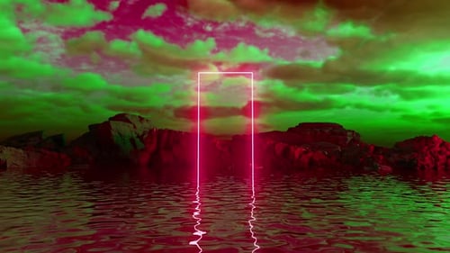 Neon pink portal emerging from water with rocky coastline
