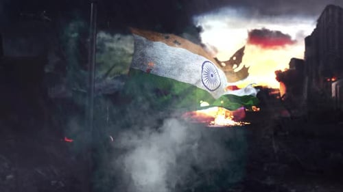 Grunge Tattered Indian Flag Waving in War Scene