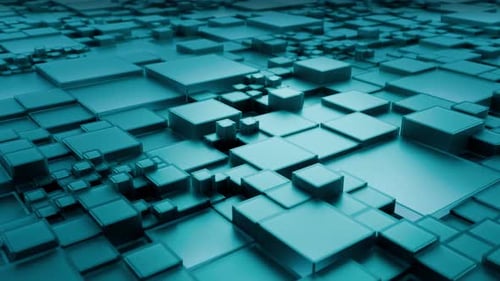 Seamless loop background with geometric field of moving light blue glass cubes with glossy surfaces