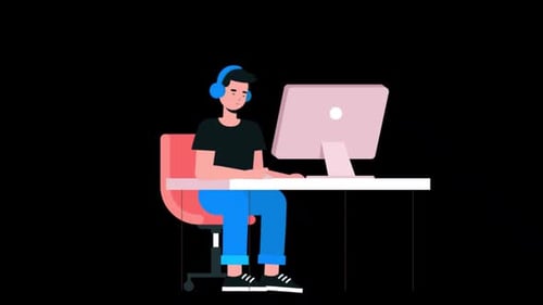 Man Working In Office With Computer Alpha Channel