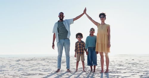 Face, happy family and parents high five at a beach for freedom, kids or travel cover on blue sky
