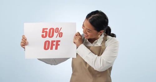 Woman, sale and banner with discount for shopping advertisement, fashion and marketing to customer