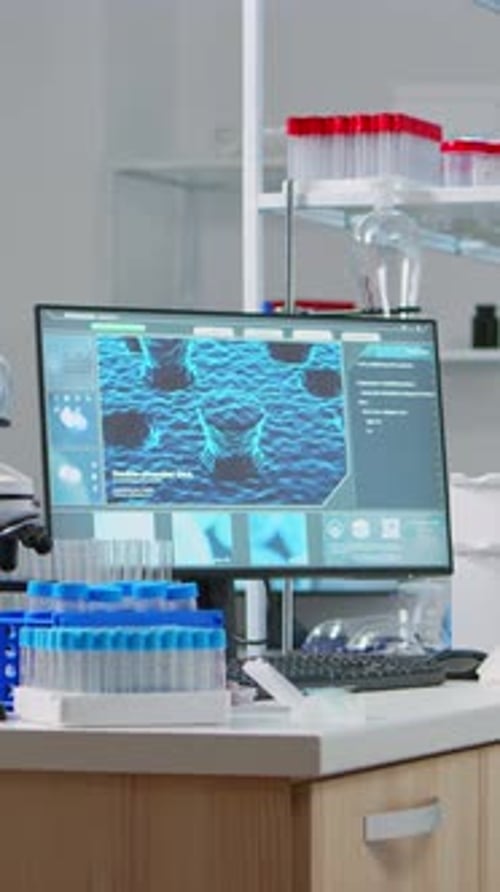 Laboratory Setup with Monitor Displaying Cellular Structure