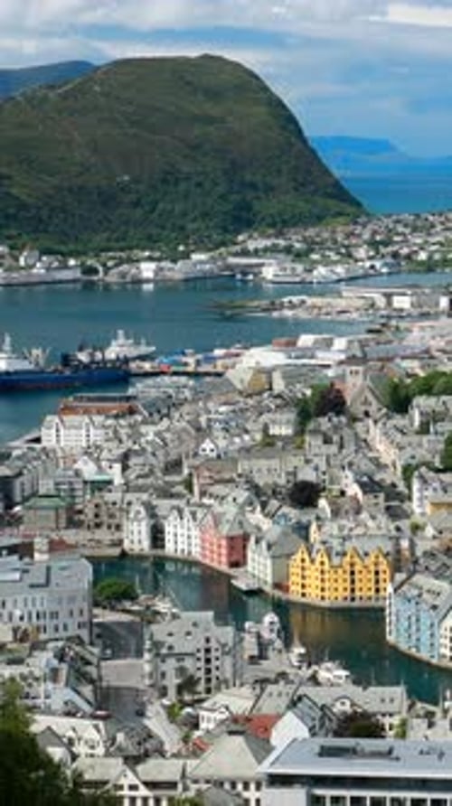 Alesund Norway Alesund Skyline Cityscape Historical Center In Sunny Summer Day Vertical Footage