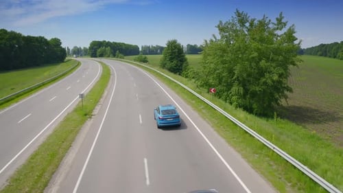 Blue luxury car on road on the field background. Very fast driving of audi car on highway