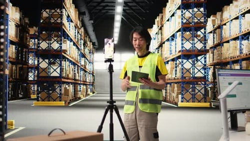 Asian Worker Promoting the Large Business Industrial Warehouse on a Vlog