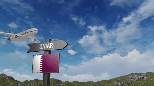 Airplane Flying Over Qatar Travel Signpost and Flag Animation