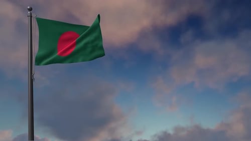 Bangladesh National Flag Waving in a Cloudy Blue Sky