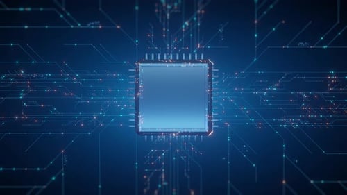 Futuristic Microchip Circuit Board Background with Digital Data Flow