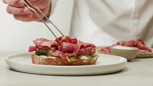 American Pastrami Sandwich in New York Ham Meet Cuts Chef Cooking Famous Thick Cut Sous Vide Beef