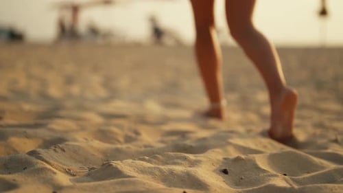Woman Feet Barefoot on Beach Close Up Female Tourist Walking on the Beach By Sea Ocean Enjoying the