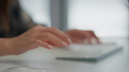 Woman Hands Working Computer Mouse Close Up. Copywriter Fingers Typing Text On Wireless Keyboard ...