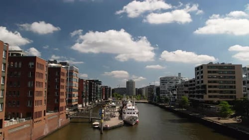 aerial drone flight over the elbe river in hamburg at hafenstadt