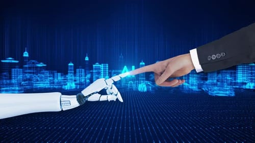 3D Futuristic Robot AI Machine Learning Robot and Human Hand Touching Big Data Global Internet