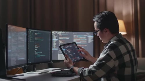 Asiatischer männlicher Programmierer betrachtet die Datenbank auf dem Tablet, während er eine App für die Entwicklung eines Softwareingenieurs erstellt