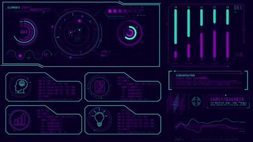 Animation d'une interface de haute technologie avec traitement de données de symboles graphiques