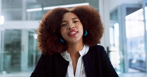 Video call, face and talking with business woman in office for webinar, virtual conference