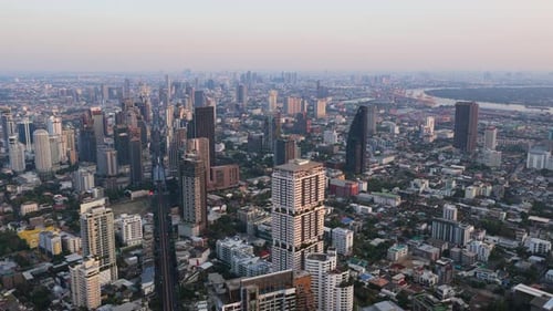 Panoramic Aerial View of Downtown Bangkok Thailand with Skyscrapers and Modern Buildings Expansive