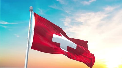Switzerland Flag Waving Realistic With Sky