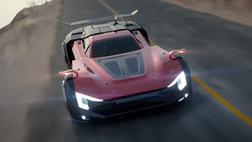 Red black sports car driving fast on highway at sunset sky