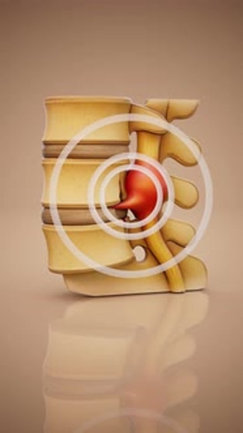 Conceptual 3D animation of a herniated disc in the lumbar spine