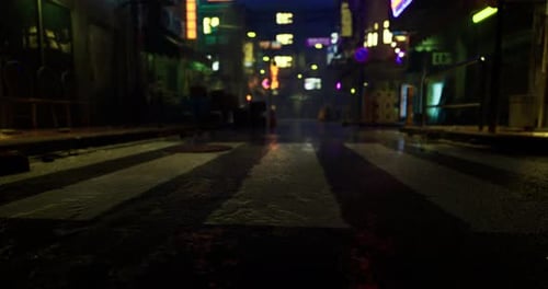 Urban Alley at Night with Neon Lights and Reflections on Wet Pavement