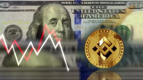 Binance BNB stablecoin cryptocurrency coin over 100 Dollar banknotes loop