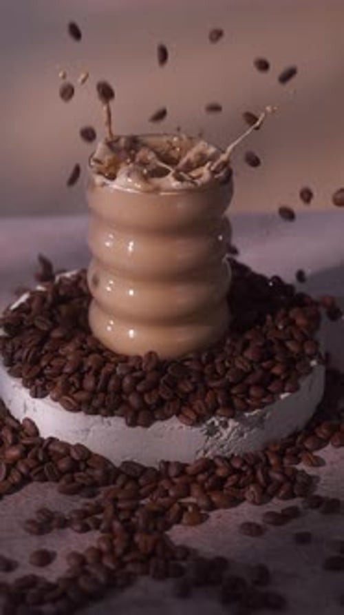 Slow Motion Coffee Beans Falling into Latte with Zoom Out