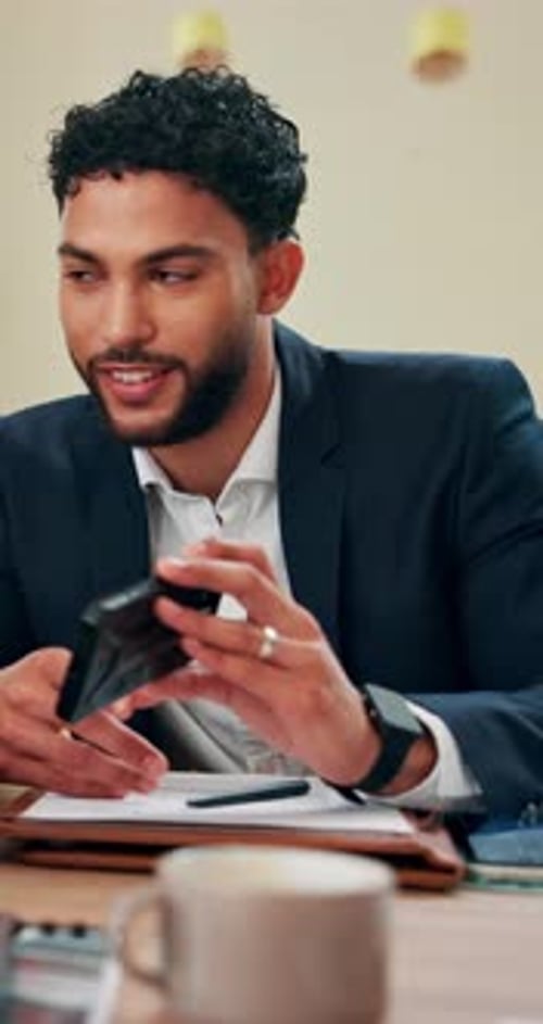 Phone, smile and show with business people in meeting for stock market, company shares or profit