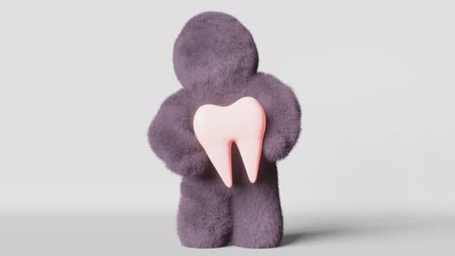 Cute blue fur Yeti holds white healthy red aching molar tooth 3D animation loop Toothache concept 4K