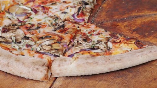 Italian Pizza Cooking From Very Hot Wood Burning Oven on Street Food Festival Food Truck Takeaway on