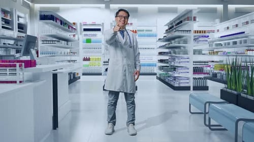 Ganzkörper eines asiatischen männlichen Arztes mit Stethoskop, der in der Apotheke eine ehrliche Geste macht und lächelt