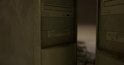 Dusty Computer Towers Stand Silent in an Abandoned Tech Lab