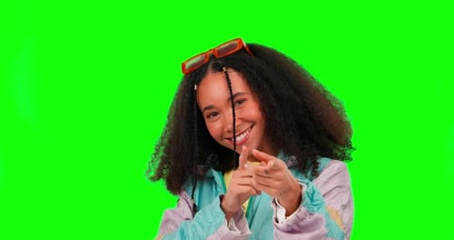 Woman, face and point at you by green screen with smile, choice or recruitment promotion in mock up