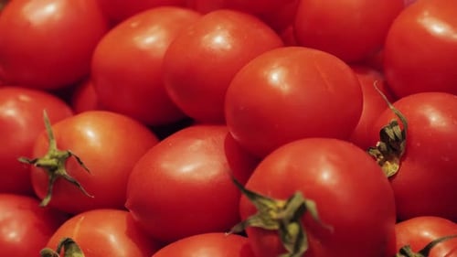 Frische rote Tomaten mit leuchtend grünen Stielen — eine farbenfrohe Ergänzung zu jedem Salat oder Rezept